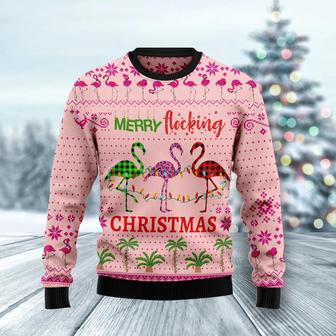 Flamingo Merry Flocking Christmas unisex womens & mens, couples matching, friends, funny family ugly christmas holiday sweater gifts | Favorety CA