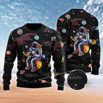 Funny Astronaut Fishing In Space Ugly Christmas Sweater For Men & Women | Favorety