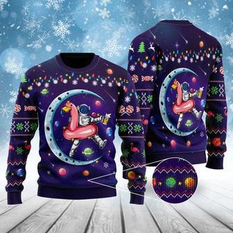 Funny Astronauts Sit On Flamingo Floats In Space With The Planet Ugly Christmas Sweater For Men & Women | Favorety AU