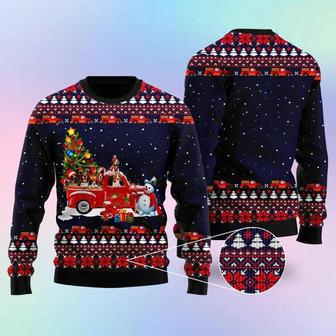 Funny Dogs With Red Truck Christmas Holiday Ugly Christmas Sweater For Men & Women | Favorety