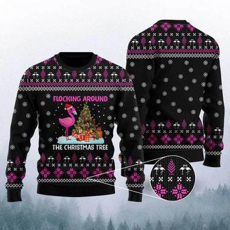 Funny Flamingo Flocking Around The Christmas Tree Ugly Christmas Sweater For Men & Women | Favorety AU