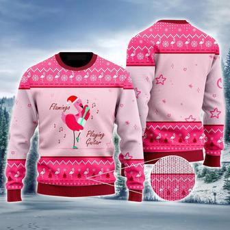 Funny Flamingo Playing Guitar Christmas Pink Ugly Sweater For Men & Women | Favorety AU