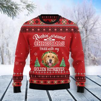 Golden Retriever Rockin' unisex womens & mens, couples matching, friends, funny family ugly christmas holiday sweater gifts | Favorety
