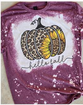 Hello Fall leopard pumpkin sunflower bleached shirt or sweater | Favorety AU