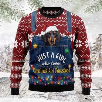 Just A Girl Who Loves Christmas And Dachshund unisex womens & mens, couples matching, friends, dachshund lover, dog mom, funny family ugly christmas holiday sweater gifts | Favorety AU