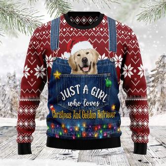 Just A Girl Who Loves Christmas And Golden Retriever unisex womens & mens, couples matching, friends, golden retriever lover, dog mom, funny family ugly christmas holiday sweater gifts | Favorety AU