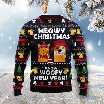 Meowy Christmas And Woofy New Year unisex womens & mens, couples matching, friends, funny family ugly christmas holiday sweater gifts | Favorety UK