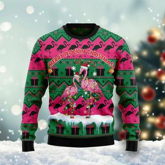 Merry Flockin‘ Christmas Flamingo unisex womens & mens, couples matching, friends, flamingo lover, funny family ugly christmas holiday sweater gifts | Favorety