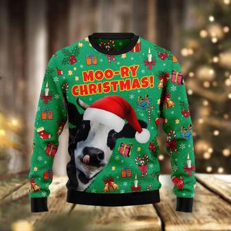 Moo Ry Christmas unisex womens & mens, couples matching, friends, funny family ugly christmas holiday sweater | Favorety