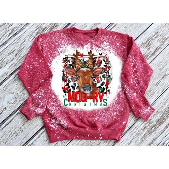 Moory Christmas Bleached Sweatshirt Fall Sweatshirt Bleached Crewneck Cold Weather Leopard Print Cow Sublimation | Favorety