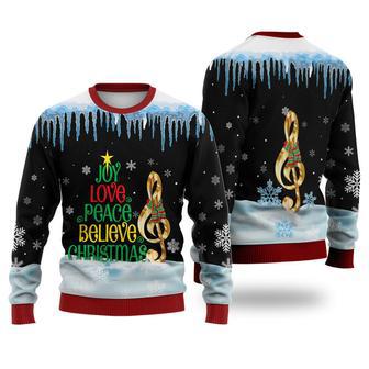 Music Joy Love Peace Believe Christmas Sweater Christmas Knitted Print Sweatshirt | Favorety CA