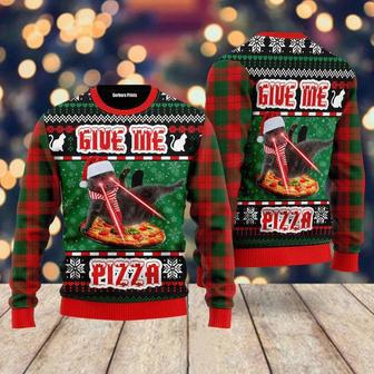 Naughty Pizza Cat With Laser Eyes Give Me Pizza Ugly Christmas Sweater For Men & Women | Favorety CA