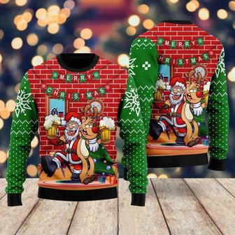 Oktoberfest Funny Santa Drink Beer With Reindeer Ugly Christmas Sweater For Men & Women | Favorety