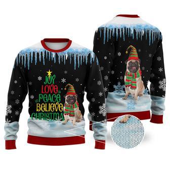 Pug Dog Joy Love Peace Believe Christmas Sweater Christmas Knitted Print Sweatshirt | Favorety CA