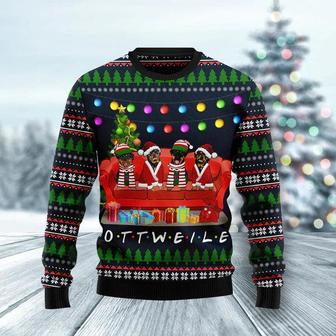 Rottweiler Friends On Red Sofa Ugly Christmas Sweater | Favorety