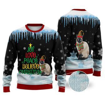 Siamese Cat Joy Love Peace Believe Christmas Sweater Christmas Knitted Print Sweatshirt | Favorety AU