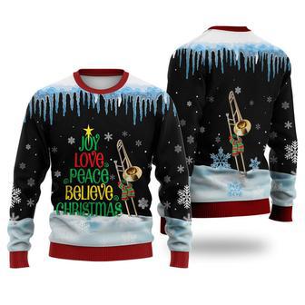 Trombone Joy Love Peace Believe Christmas Sweater Christmas Knitted Print Sweatshirt | Favorety CA