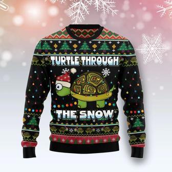 Turtle Through The Snow Ugly Christmas Sweater unisex womens & mens, couples matching, friends, funny family ugly christmas holiday sweater gifts | Favorety