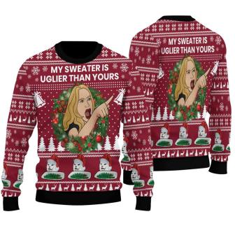 My Sweater Is Uglier Than Yours Sweater, Funny Cat Woman Meme Ugly Christmas Sweater, Yelling At Cat Meme Sweater - Thegiftio UK