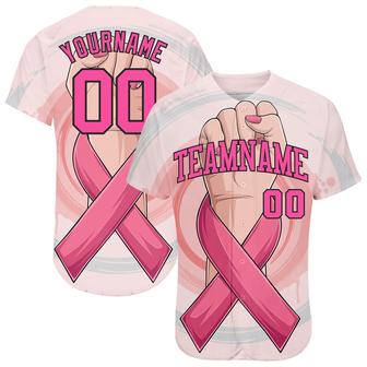 Custom 3D Breast Cancer Awareness Month With Woman Hand And Pink Ribbon Women Health Care Support Authentic Baseball Jersey - Monsterry