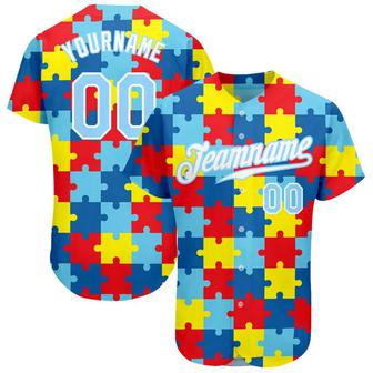 Custom Autism Awareness Puzzle Pieces Light Blue-White 3D Authentic Baseball Jersey - Monsterry