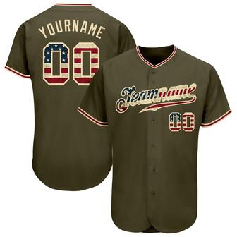 Custom Olive Vintage USA Flag-City Cream Authentic Salute To Service Baseball Jersey - Monsterry