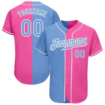 Custom Pink Light Blue-White Authentic Split Fashion Baseball Jersey - Monsterry