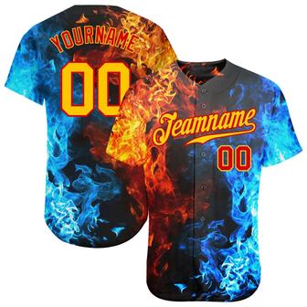 Custom Red Red-Gold 3D Pattern Design Flame Authentic Baseball Jersey - Monsterry DE
