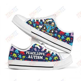 Mens Womens Snoopy And Charlie Brown Peace Love Autism Kid Snoopy And Charlie Brown Peace Love Autism Low Top Canvas Low Top Shoes Custom Print Footwear Converse Sneakers | Favorety DE