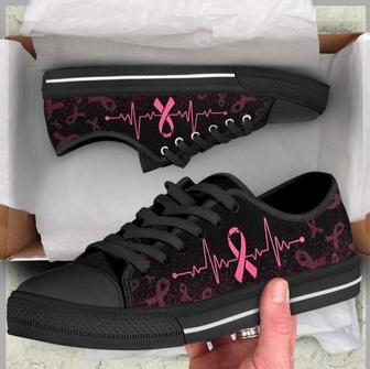 Breast Cancer Ribbon Heartbeat Low Top Canvas Shoes - Monsterry