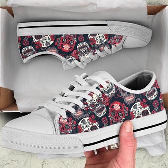 Day Of Dead Read And White Skulls Low Top Shoes, Unisex Sneakers, Men And Women Low Top Sneakers | Favorety