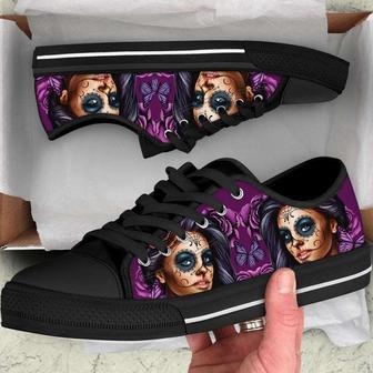 Purple Sugar Skull Girl Halloween Canvas Low Top Shoes - Monsterry