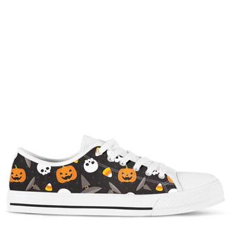 Pumpkin Skull and Candy Sneakers Casual Canvas Low Top Converse Shoes For Halloween - Monsterry