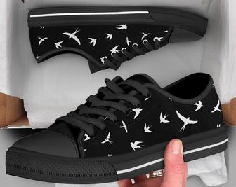Black Swallow Print Shoes - Sneakers , Swallow Print Pattern , Swallow Lover Gifts , Custom Low Top Converse Style Sneakers For Women & Men - Monsterry AU