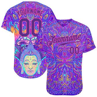 Custom 3D Pattern Design Sitting Buddha Over Colorful Neon Background Psychedelic Mushroom Composition Authentic Baseball Jersey - Monsterry