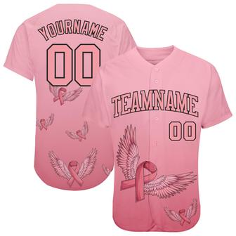 Custom 3D Pink Ribbon With Angel Wings Breast Cancer Awareness Month Women Health Care Support Authentic Baseball Jersey - Monsterry