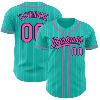 Custom Aqua White Pinstripe Pink-Navy Authentic Baseball Jersey - Monsterry DE
