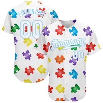 Custom Autism Awareness Puzzle Pieces White-Light Blue 3D Authentic Baseball Jersey - Monsterry
