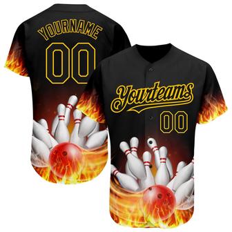 Custom Black Gold 3D Pattern Design Flame Bowling Authentic Baseball Jersey - Monsterry AU