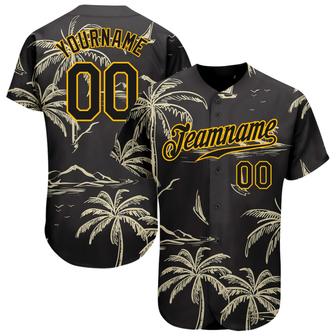 Custom Black Gold 3D Pattern Design Hawaii Palm Trees Island And Sailboat Authentic Baseball Jersey - Monsterry UK
