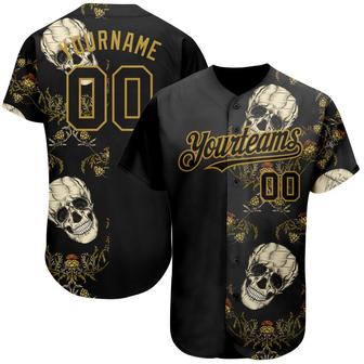 Custom Black Old Gold 3D Plant And Skull Fashion Authentic Baseball Jersey - Monsterry