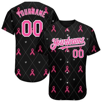 Custom Black Pink-White 3D Pink Ribbon Breast Cancer Awareness Month Women Health Care Support Authentic Baseball Jersey - Monsterry