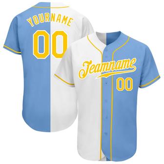 Custom Light Blue Gold-White Authentic Split Fashion Baseball Jersey - Monsterry DE