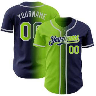 Custom Navy Neon Green-Gray Authentic Gradient Fashion Baseball Jersey - Monsterry