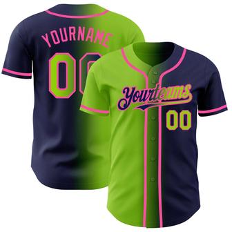 Custom Navy Neon Green-Pink Authentic Gradient Fashion Baseball Jersey - Monsterry