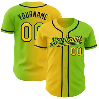 Custom Neon Green Yellow-Navy Authentic Gradient Fashion Baseball Jersey - Monsterry