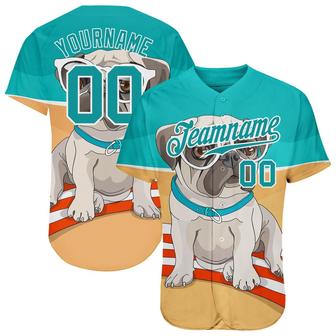 Custom Old Gold Teal-White 3D Pattern Design Puppy Pug Authentic Baseball Jersey - Monsterry AU