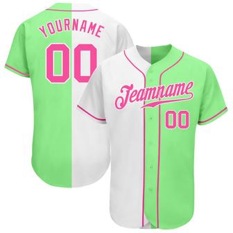 Custom Pea Green Pink-White Authentic Split Fashion Baseball Jersey - Monsterry CA