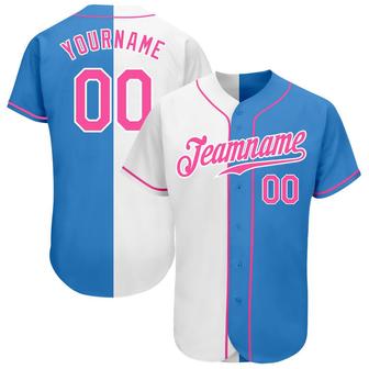 Custom Powder Blue Pink-White Authentic Split Fashion Baseball Jersey - Monsterry