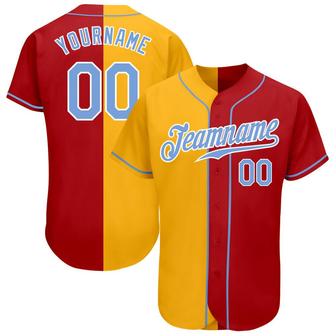 Custom Red Light Blue-Yellow Authentic Split Fashion Baseball Jersey - Monsterry